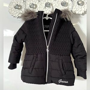 Guess Kids Puffer Jacket with Hooded Faux Fur Trim Black Size 24M